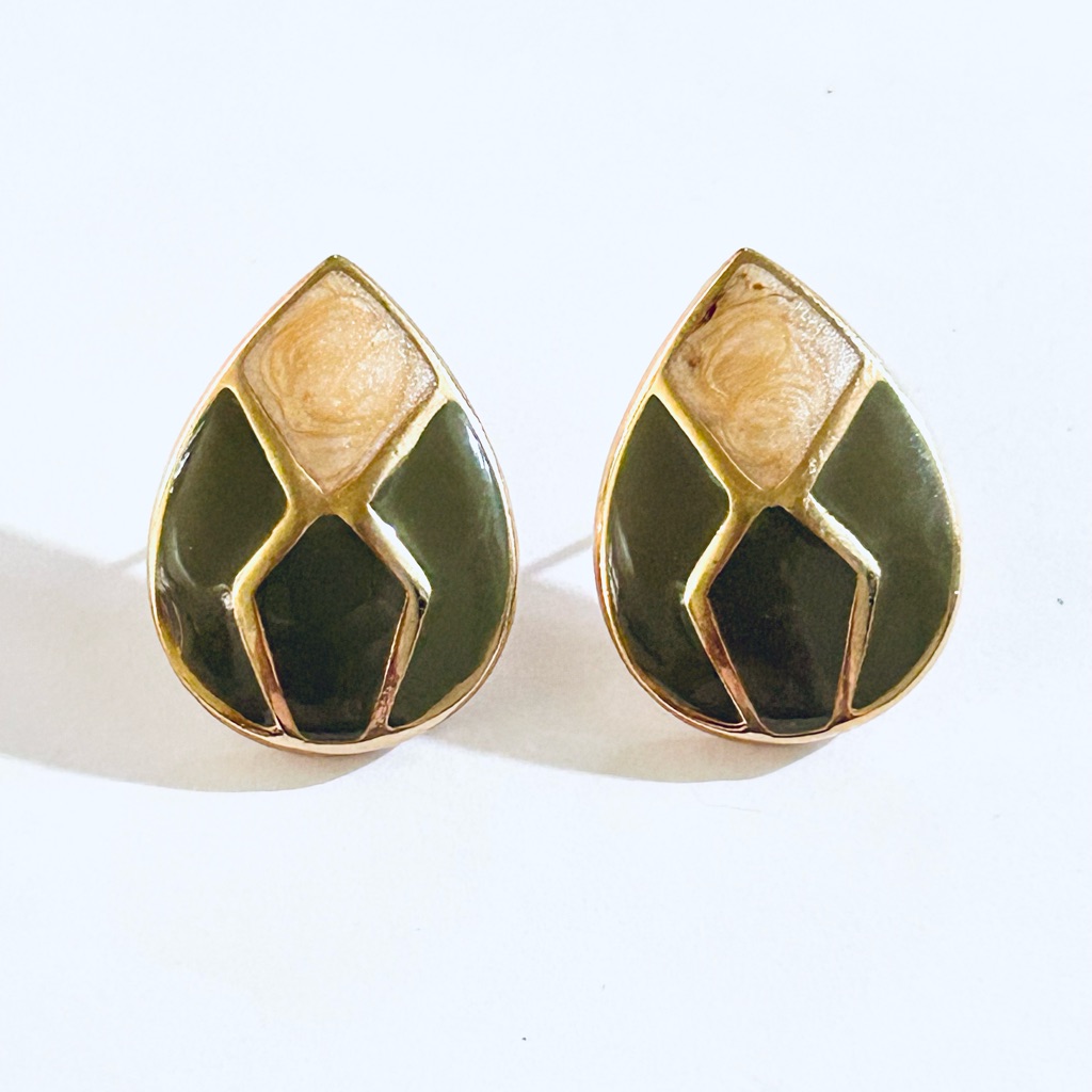 Vintage Allison Reed Gold-Tone Teardrop Olive Green And Champagne Earrings